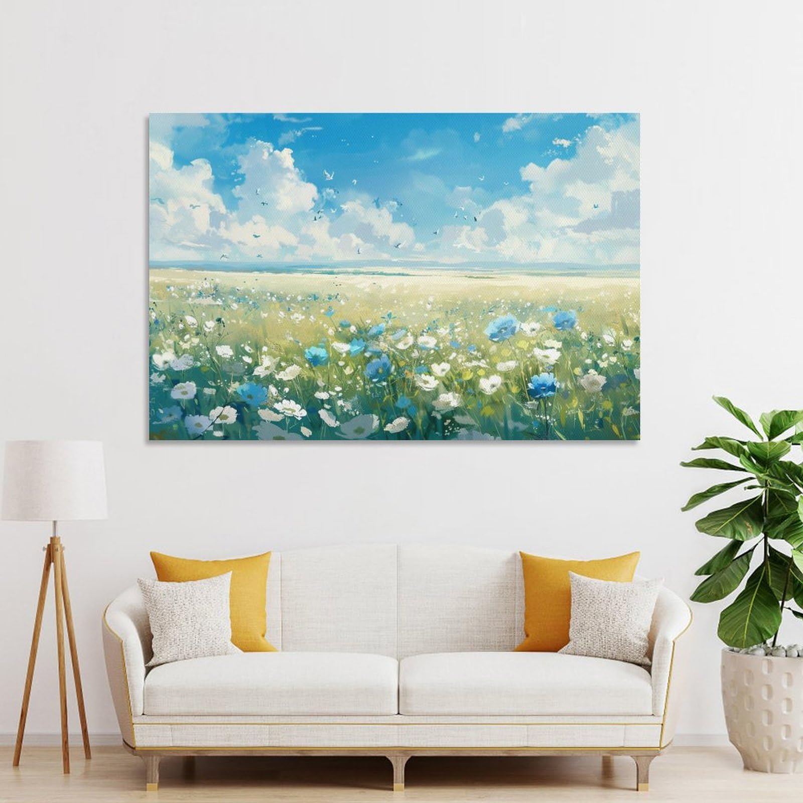 Amazon.co.jp: 絵画 青い空と白い雲の下の花畑 アートパネル ポスター